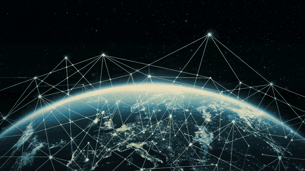 Animated GIF of the Earth with a twinkling network of nodes above it