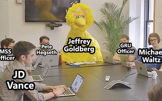 meme photo of board room with people sitting around table on laptops, with Big Bird from Sesame Street labeled 'Jeffrey Goldberg' and other attendees labeled 'JD Vance,' 'MSS Officer,' 'Pete Hegseth,' 'GRU Officer,' and 'Michael Waltz'