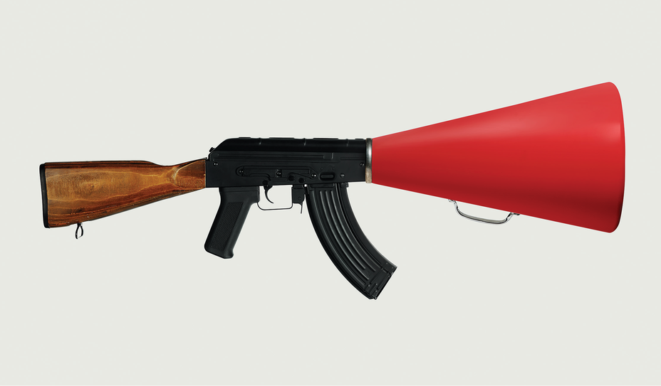 illustration of automatic rifle with large red megaphone in place of the barrel