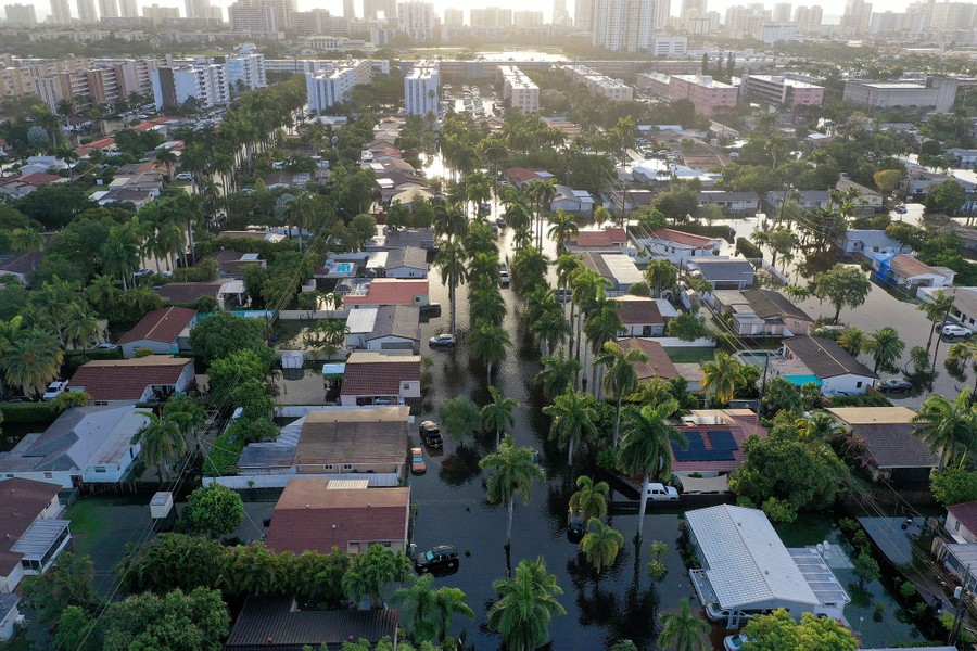 An aerial view of a flooded Florida residential neighborhood