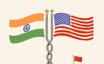 An illustration showing the U.S. and India flags flying together.