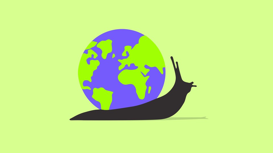 An illustration of a snail whose shell is the Earth