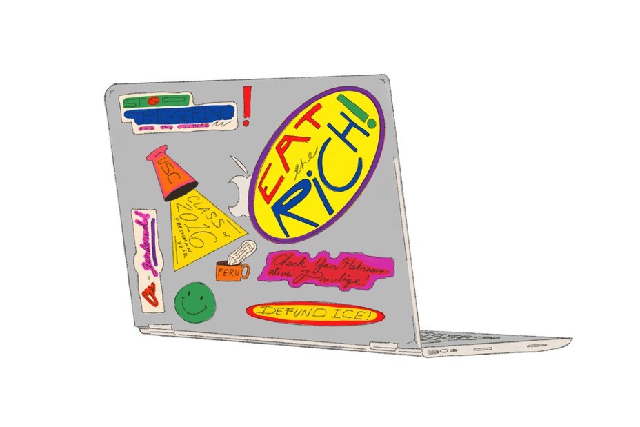 Illustration of an open laptop with stickers on the back, including "Eat the Rich!," "USC Class of 2016," and "Defund ICE"