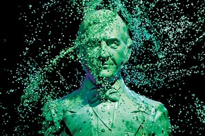 A digital illustration of a bust of Ralph Waldo Emerson and pixels