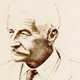 A line drawing of William Faulkner in older age