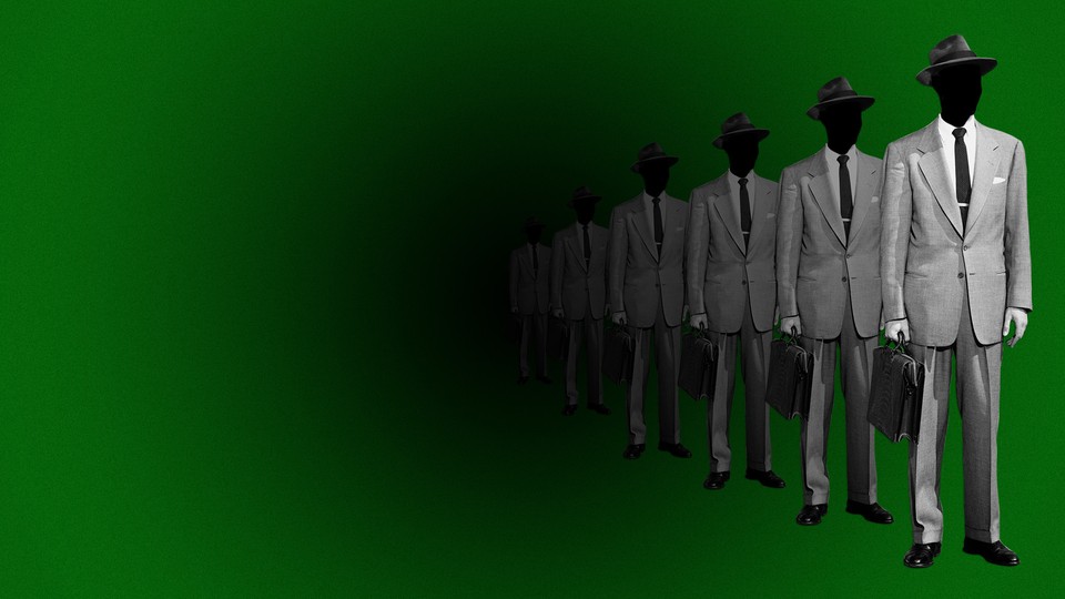 A row of faceless men in gray suits fading into a darkening green background