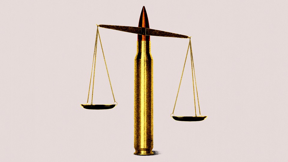An illustration of a bullet acting as the center of the scales of justice