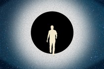 A silhouette of a person stepping through a black hole in space.