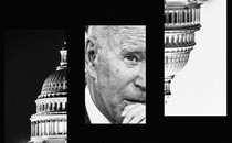 A black-and-white triptych of half of the Capitol Building, half of Joe Biden's face, and an upside-down second half of the Capitol Building.