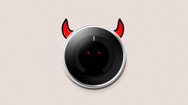 An illustration of a smart thermostat with two red horns and little red eyes