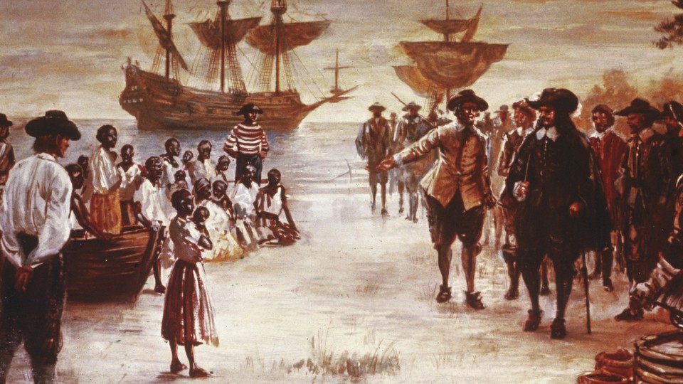 A painting of a Dutch slave ship arriving in Jamestown, Virginia, 1619