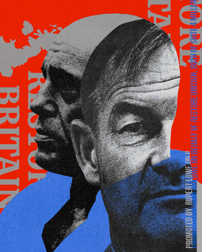 Collage with images of Joe Rogan, Rupert Lowe, and the words “Restore Britain.”
