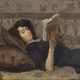 A painting of a woman laying down and reading a book