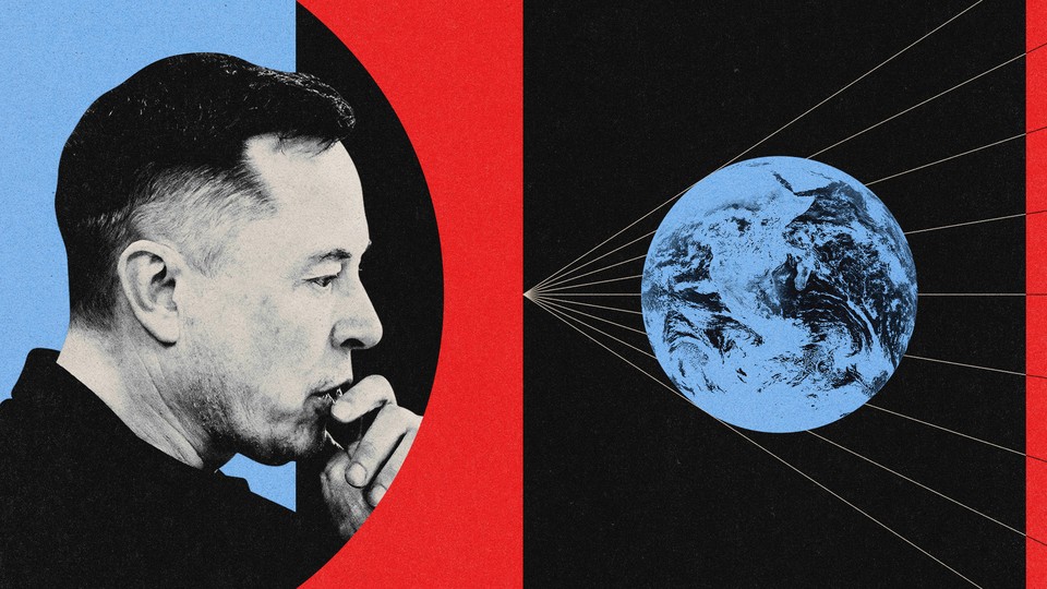 An illustration of Elon Musk in front of Earth