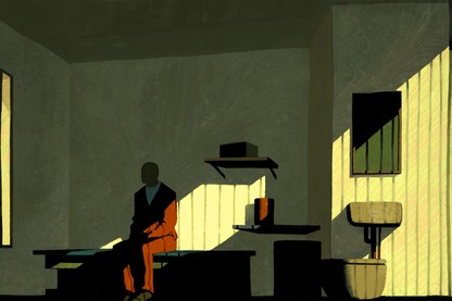 An illustration of a man in a prison uniform, sitting half in shadow in a cell