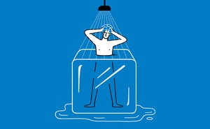 Illustration of man showering in ice cube
