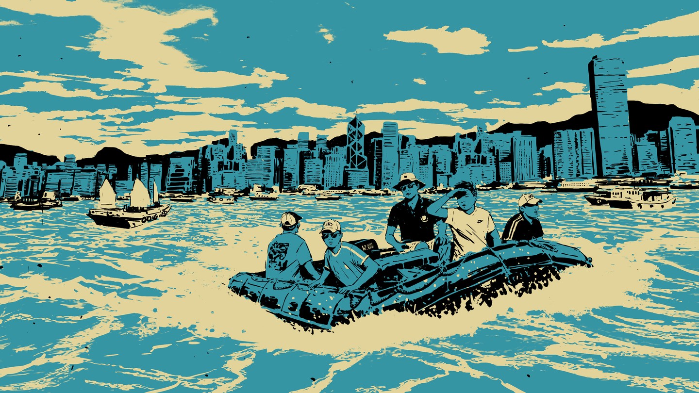 An illustration of five people on an inflatable raft with Hong Kong's skyline in the background