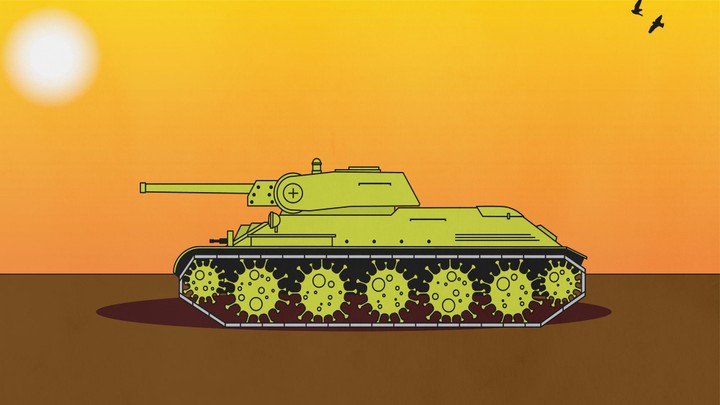 An illustration of a green tank is set against an orange and brown background. Two black birds fly nearby.