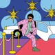 An illustration in which a person in a colorful suit exits a limousine onto a red carpet, with frowny-faced camera flashes in the background