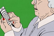 Illustration of an older woman holding a smartphone close to her face; the phone screen shows a black-and-white hypnotic spiral, suggesting manipulation or addictive pull, against a bright green background.