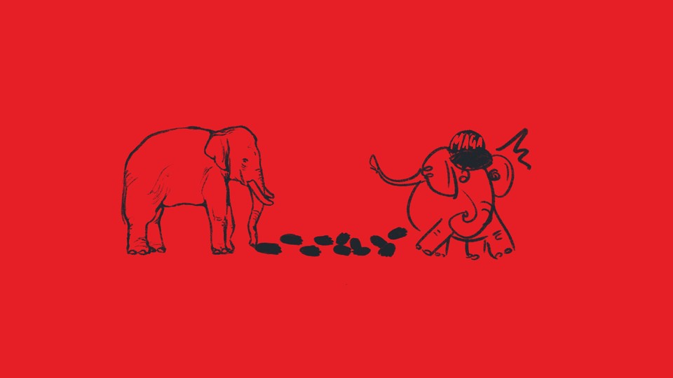 Illustration of two elephants, one standing quietly and one stampeding, separated by footprints on a field of red.