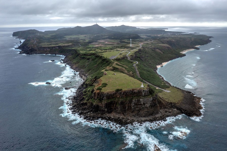 An aerial view of a rugged island