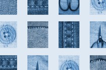 a grid of blue-washed photos - buttons, scissors, and seams