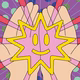 Illustration of cupped hands holding a shining, yellow smiley face within a pink star