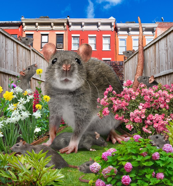 Illustration showing a giant rat and many small rats in the backyard of a New York City townhouse.