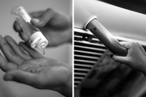 Two images, side-by-side: On the left, hands squeezing a bottle of hand sanitizer. On the right, a hand holding onto a subway pole.