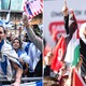 Two photos, side by side, at left, one showing a man raising his arm among a crowd of pro-Israeli protesters, the other, at right, showing a man raising his arm at a protest, surrounded by Palestinian and Turkish flags