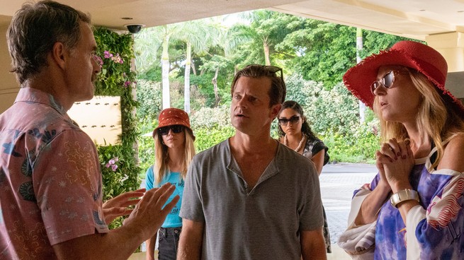 Steve Zahn and castmates in a still from "White Lotus"