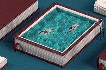 Two swimmers in a pool inside of a book.