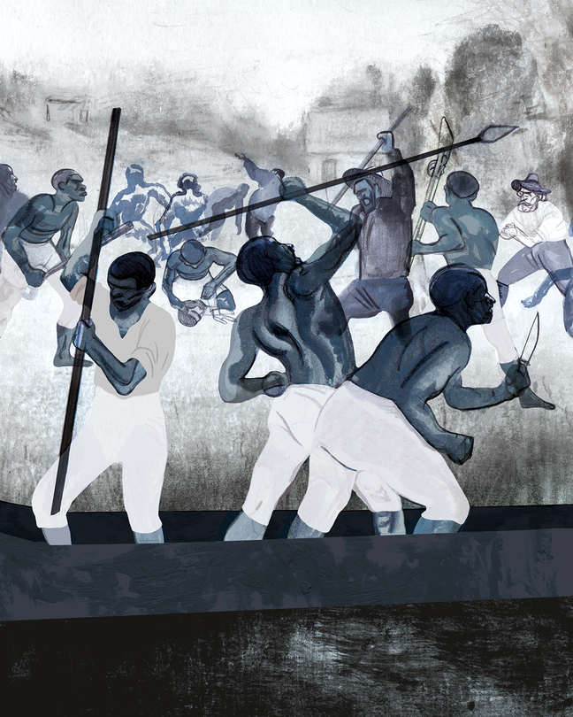 illustration in black and blue ink of enslaved people fighting their captors with staffs, knives, and spears