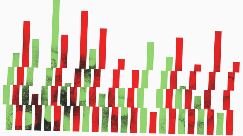 An illustration of red and green bar-graph lines