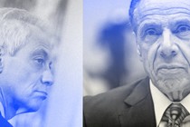 Split of two photos of middle-aged men's heads, tinted in blue.
