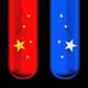 Illustration of two test tubes, one red with gold stars, the other blue with white stars.