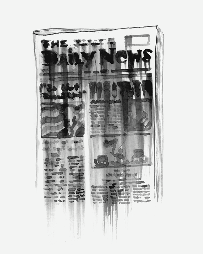 black-and-white ink painted illustration of front page of "The Daily News" newspaper with ink smearing down and dripping off