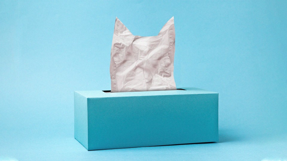 A tissue box with a tissue in it shaped as the silhouette of a cat
