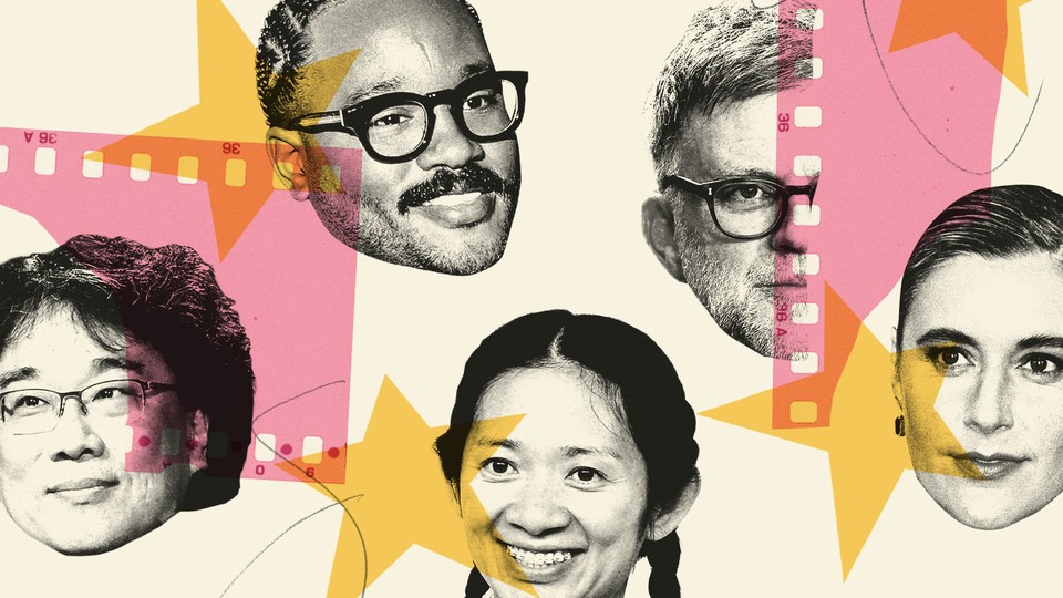 Collage of black-and-white photo cut-outs of auteurs' heads scattered alongside pink film-reels and yellow stars.