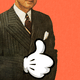 A businessman with a cartoon hand showing a thumbs-up