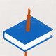 A graphic illustration of a red pen, piercing through a blue book