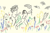 A drawing of two girls chasing book pages with a butterfly net