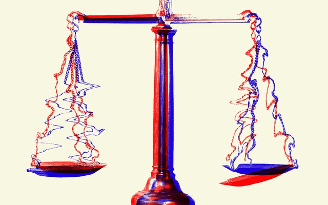 An illustration of a red and blue scale