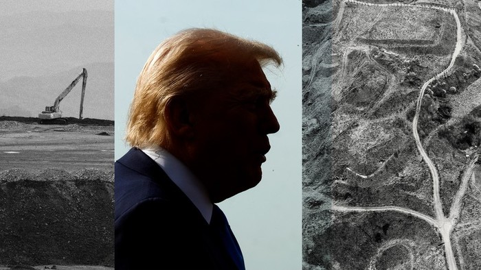 a triptych with a mining equipment on either side panel and a profile of trump at the center