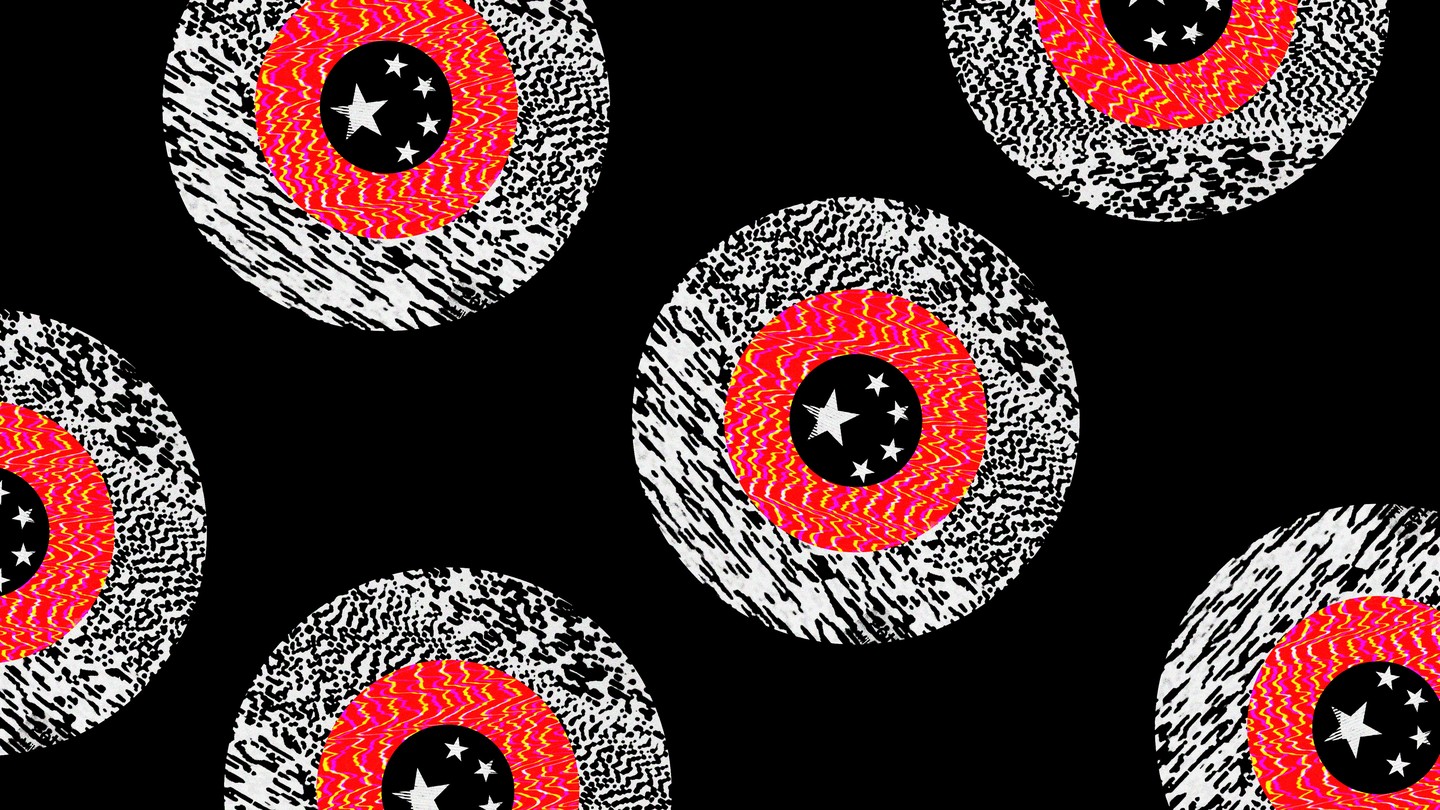 An illustration featuring Chinese flags within eyeballs