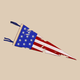 A realistic illustration of a torn and frayed college pennant embroidered with an American-flag design.