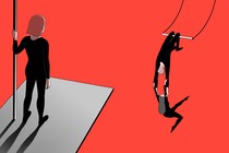An illustration of trapeze artists and a woman on a platform.