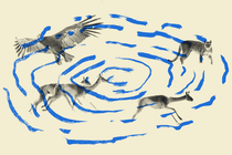 A puma, vicuñas, and a condor, with blue squiggly lines linking them