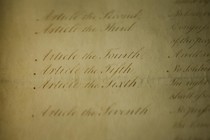 A closeup view of one of the original copies of the Bill of Rights